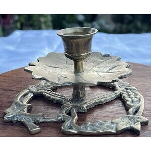 Vintage Solid Brass Grape Vine Leaf Chamberstick Candle Holder 6” Patina